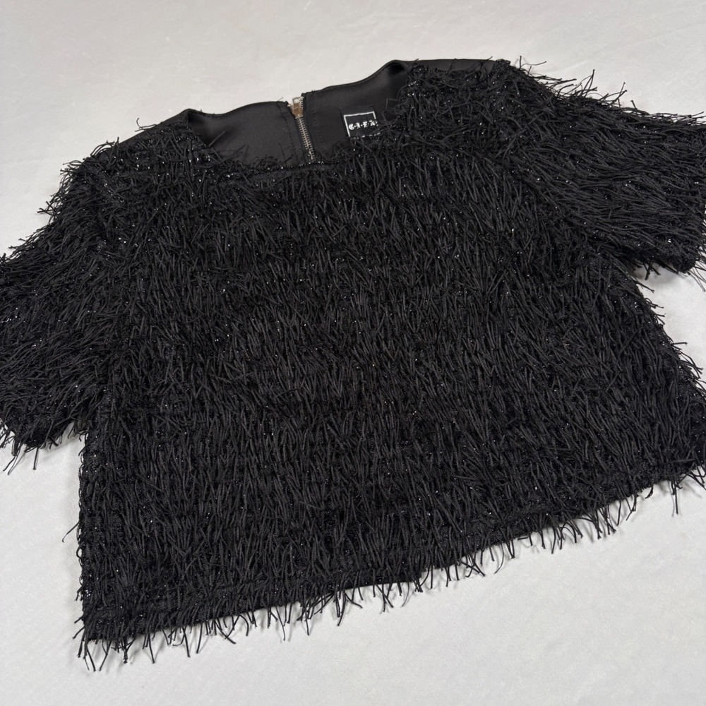 C.I.E.N Top Womens L Eyelash Fringe Black Metallic Sparkle Shaggy Zip Back CIEN
